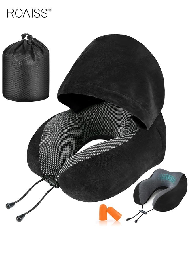 roaiss Travel Pillow Neck Pillow for Travel with Hood for Airplane Neck Pillow Adult Head Neck Support for Long Flights Plane Office Cars Sleeping Rest Includes Eye Mask, Earplugs, And a Black Drawstring Bag Black - Image 1