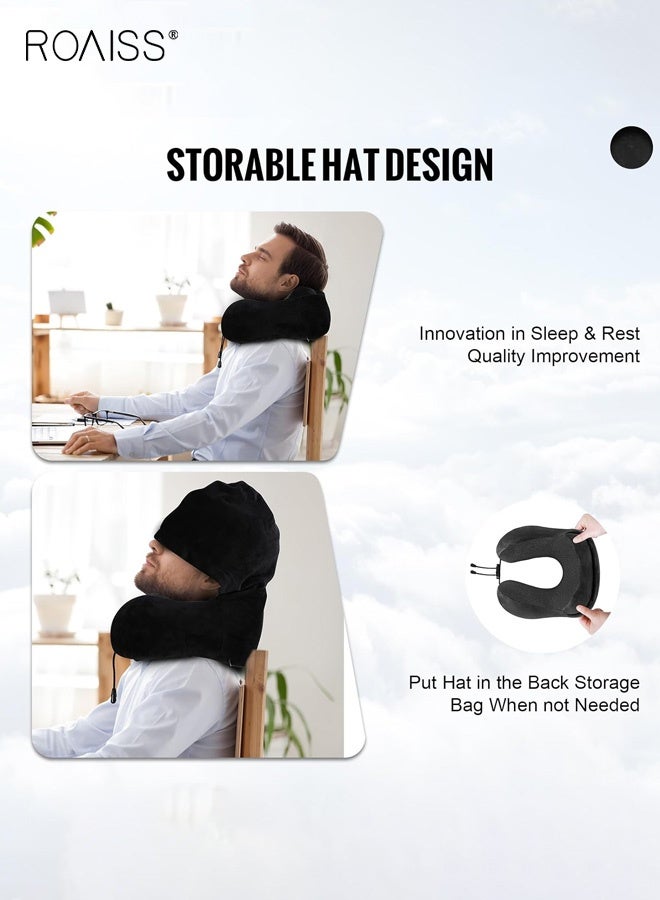 roaiss Travel Pillow Neck Pillow for Travel with Hood for Airplane Neck Pillow Adult Head Neck Support for Long Flights Plane Office Cars Sleeping Rest Includes Eye Mask, Earplugs, And a Black Drawstring Bag Black - Image 3