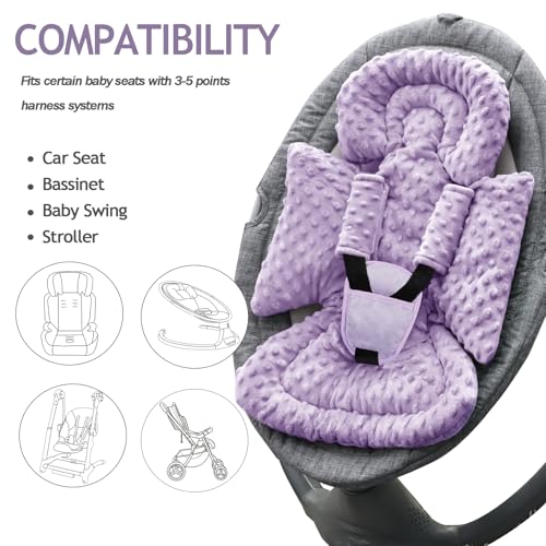 Jundetye Infant Car Seat Insert Boy Girl, 3 in 1 Newborn Carseat Insert with Strap Pads, Car Seat Head Support for Baby Strollers, Swings, and Bouncers, Comfortable and Machine Washable, Purple - Image 5