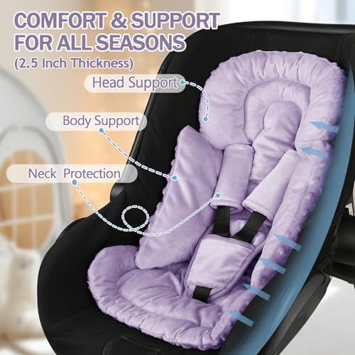 Jundetye Infant Car Seat Insert Boy Girl, 3 in 1 Newborn Carseat Insert with Strap Pads, Car Seat Head Support for Baby Strollers, Swings, and Bouncers, Comfortable and Machine Washable, Purple - Image 4
