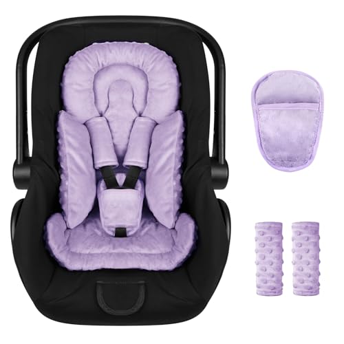 Jundetye Infant Car Seat Insert Boy Girl, 3 in 1 Newborn Carseat Insert with Strap Pads, Car Seat Head Support for Baby Strollers, Swings, and Bouncers, Comfortable and Machine Washable, Purple - Image 1