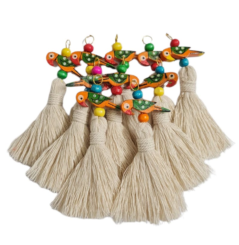 Zippy Flora Handmade Mini Cotton Tassels with Parrot Embellishments | Pack of 10 | Decorative Off-White Boho Hanging Tassels for Home Décor, Craft Projects, Gift Wrapping, Jewelry Making - Image 1