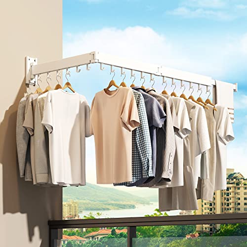 HEILAIYI Clothes Drying Rack,Laundry Drying rack,Wall Mounted Clothes Rack,Clothes Hanging Rack,Laundry Rack Wall Mount,Folding Retractable Collapsible Drying Rack Clothing (Three-Poles,J Hooks,White) - Image 3