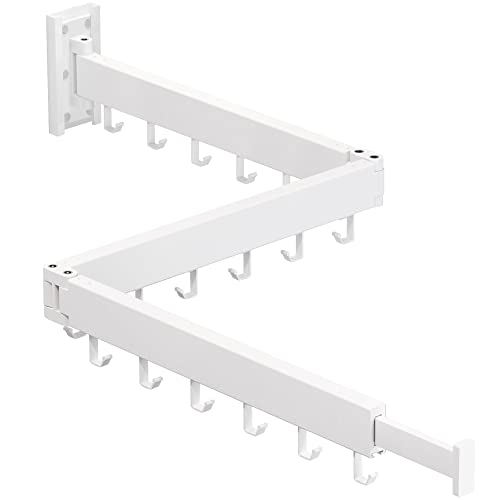 HEILAIYI Clothes Drying Rack,Laundry Drying rack,Wall Mounted Clothes Rack,Clothes Hanging Rack,Laundry Rack Wall Mount,Folding Retractable Collapsible Drying Rack Clothing (Three-Poles,J Hooks,White) - Image 1