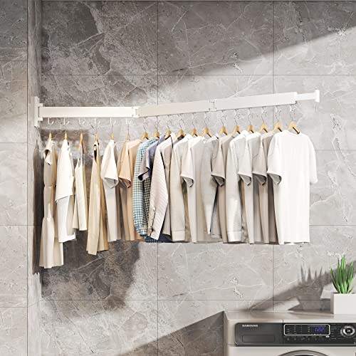 HEILAIYI Clothes Drying Rack,Laundry Drying rack,Wall Mounted Clothes Rack,Clothes Hanging Rack,Laundry Rack Wall Mount,Folding Retractable Collapsible Drying Rack Clothing (Three-Poles,J Hooks,White) - Image 4