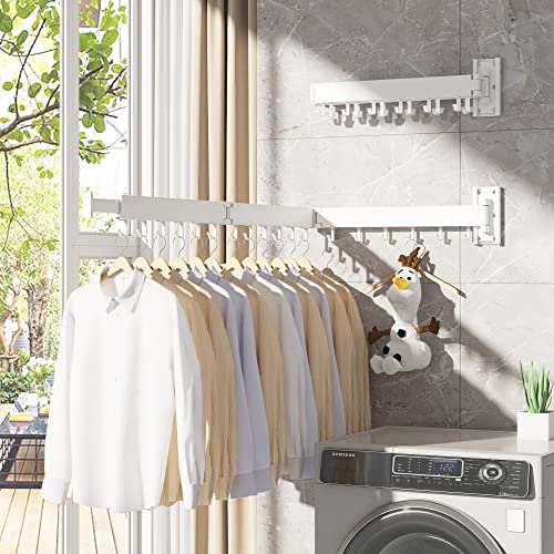 HEILAIYI Clothes Drying Rack,Laundry Drying rack,Wall Mounted Clothes Rack,Clothes Hanging Rack,Laundry Rack Wall Mount,Folding Retractable Collapsible Drying Rack Clothing (Three-Poles,J Hooks,White) - Image 5
