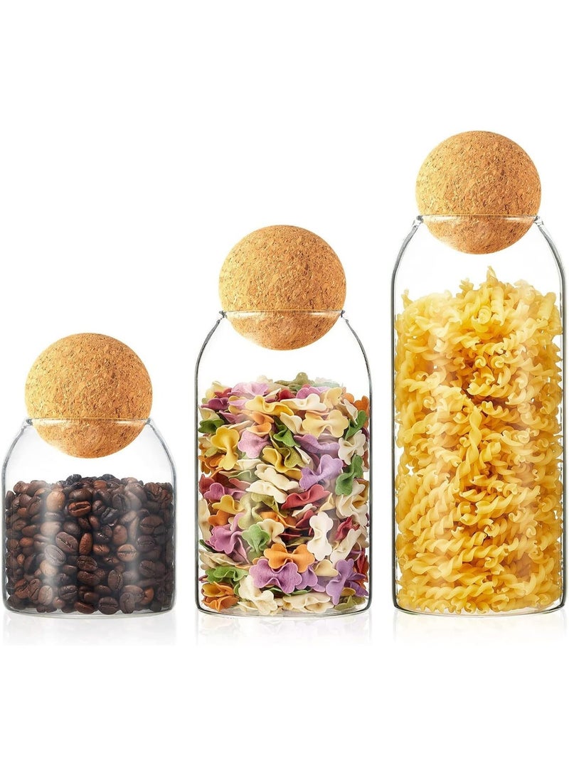 Clear glass jar with a tight-sealed spherical cork lid and leak-proof cap for storing coffee, tea, spices, sugar, and salt, set of 3 pieces (capacity 500/800/1200 ml) - Image 1