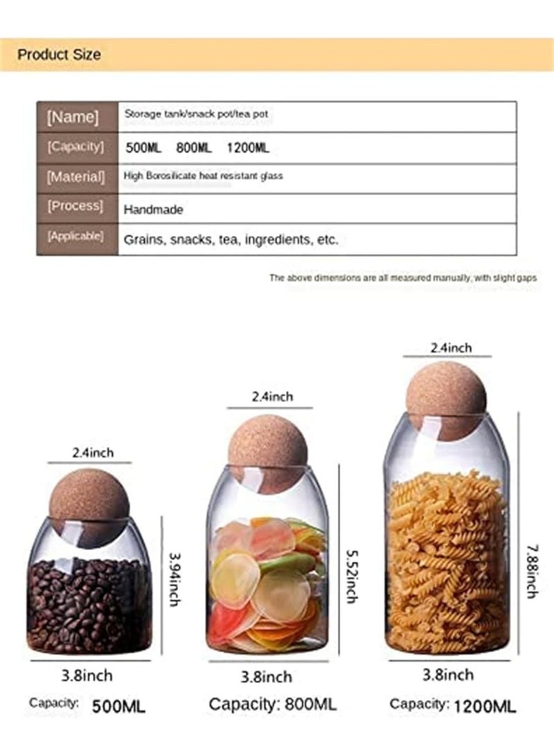 Clear glass jar with a tight-sealed spherical cork lid and leak-proof cap for storing coffee, tea, spices, sugar, and salt, set of 3 pieces (capacity 500/800/1200 ml) - Image 4