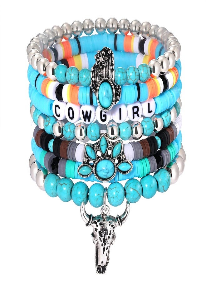 BVGA Western Cowgirl Turquoise Beaded Stretch Bracelets Set with Bull Head, Cow & Cactus Flower Charms - Image 1