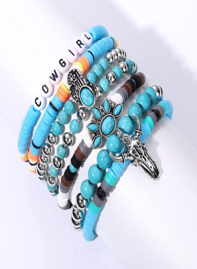 BVGA Western Cowgirl Turquoise Beaded Stretch Bracelets Set with Bull Head, Cow & Cactus Flower Charms - Image 4