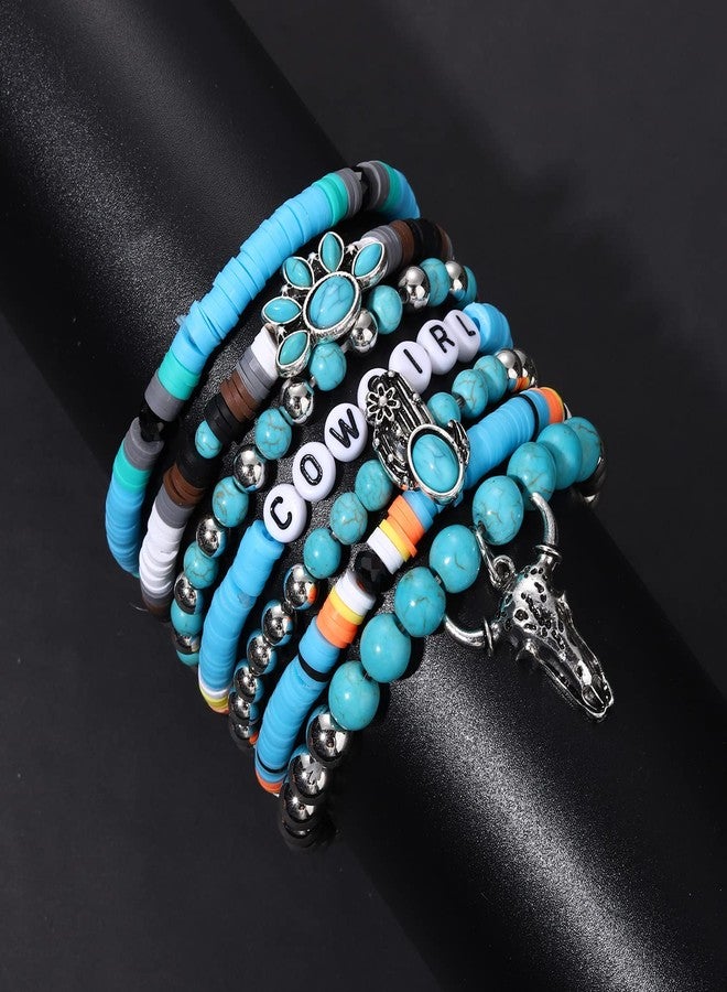 BVGA Western Cowgirl Turquoise Beaded Stretch Bracelets Set with Bull Head, Cow & Cactus Flower Charms - Image 2