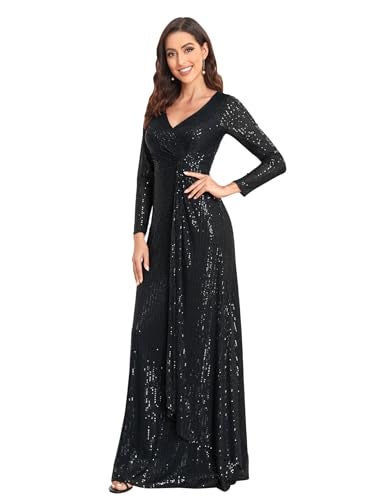 XUIBOL Glitter Sequin Formal Evening Gown Long Sleeve V Neck Wedding Guest Dress for Women Black S - Image 1