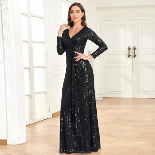 XUIBOL Glitter Sequin Formal Evening Gown Long Sleeve V Neck Wedding Guest Dress for Women Black S - Image 3
