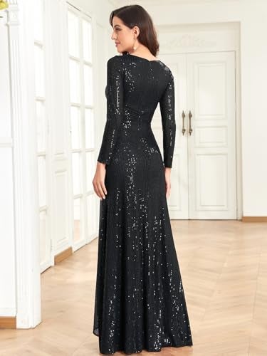 XUIBOL Glitter Sequin Formal Evening Gown Long Sleeve V Neck Wedding Guest Dress for Women Black S - Image 2