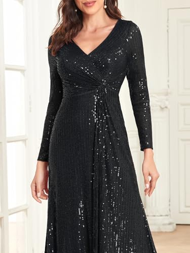 XUIBOL Glitter Sequin Formal Evening Gown Long Sleeve V Neck Wedding Guest Dress for Women Black S - Image 5