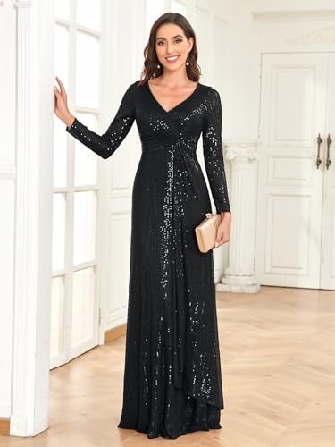 XUIBOL Glitter Sequin Formal Evening Gown Long Sleeve V Neck Wedding Guest Dress for Women Black S - Image 4