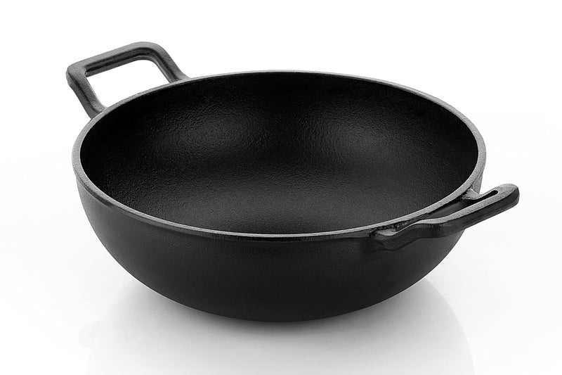 ROSTON Cast Iron Kadai Pre Seasoned Kadhai Wok 26 cm Cast Iron Cookware Deep Kadai, Iron Deep Kadai, Black - Image 1