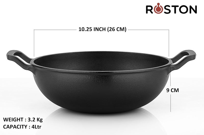 ROSTON Cast Iron Kadai Pre Seasoned Kadhai Wok 26 cm Cast Iron Cookware Deep Kadai, Iron Deep Kadai, Black - Image 5