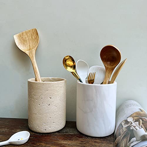 StonePlus Handmand Natural Marble with Holes Stone Vintage Kitchen Utensil Holder - 5.1" D X 6.3" H Kitchen Counter Organizers and Storage Tool Crock (Beige Stone) - Image 2
