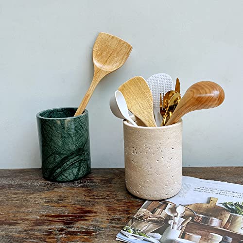 StonePlus Handmand Natural Marble with Holes Stone Vintage Kitchen Utensil Holder - 5.1" D X 6.3" H Kitchen Counter Organizers and Storage Tool Crock (Beige Stone) - Image 4
