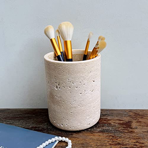 StonePlus Handmand Natural Marble with Holes Stone Vintage Kitchen Utensil Holder - 5.1" D X 6.3" H Kitchen Counter Organizers and Storage Tool Crock (Beige Stone) - Image 5