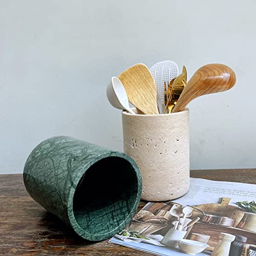 StonePlus Handmand Natural Marble with Holes Stone Vintage Kitchen Utensil Holder - 5.1" D X 6.3" H Kitchen Counter Organizers and Storage Tool Crock (Beige Stone) - Image 3