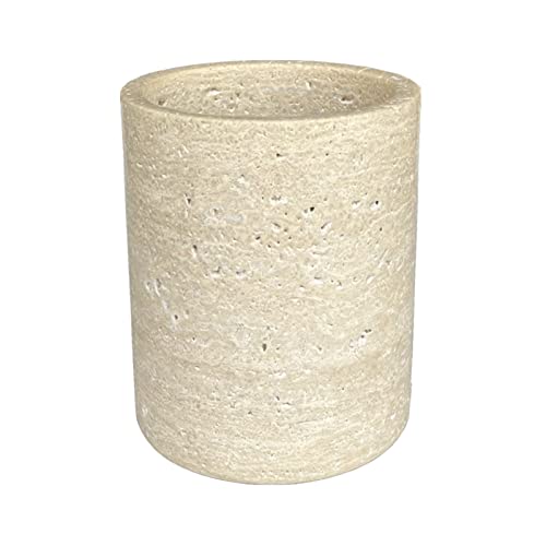 StonePlus Handmand Natural Marble with Holes Stone Vintage Kitchen Utensil Holder - 5.1" D X 6.3" H Kitchen Counter Organizers and Storage Tool Crock (Beige Stone) - Image 1