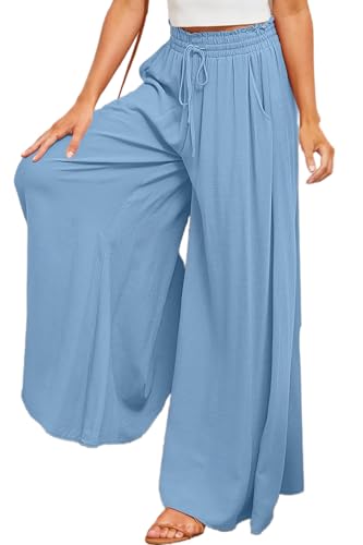 YOCUR Summer Beach Pants for Women High Waisted Wide Leg Pants Solid Loose Flowy Palazzo Lounge Trousers Sky Blue XXL - Image 1