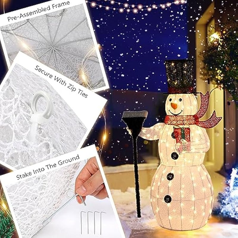 عربست تمثال رجل ثلج مضيء بارتفاع 5 أقدام مزود بقماش شبكي ومكنسة، مزين بـ 200 لمبة LED مضيئة، زخرفة  للداخل والخارج، لتزيين المنزل والفناء - Image 5