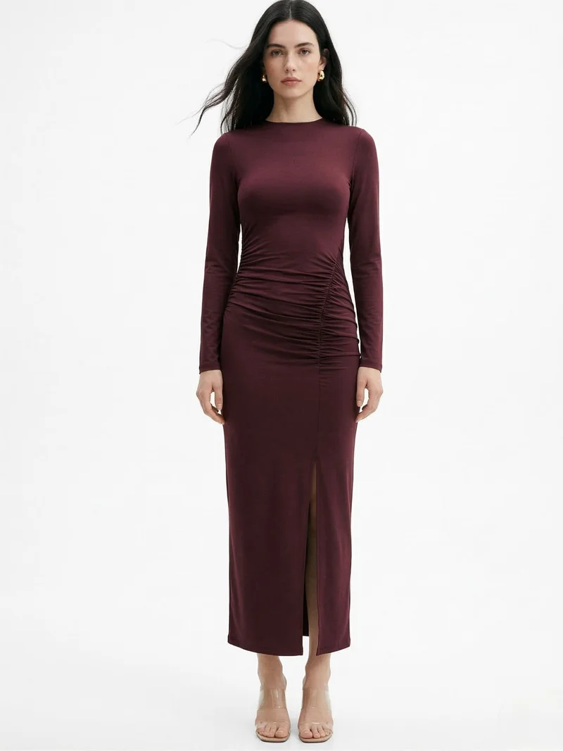 OUTZIDR  Maroon Boat Neck Side Ruched Thigh High Slit Dress for Women | Best Price UAE