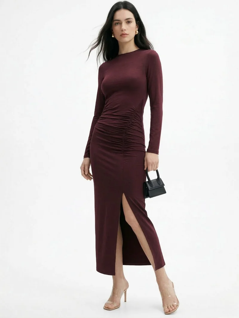 Maroon Boat Neck Side Ruched Thigh High Slit Dress