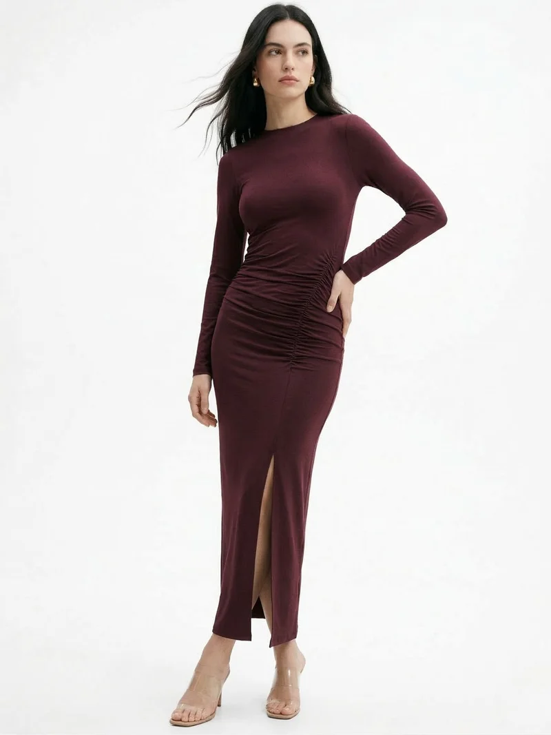 OUTZIDR  Maroon Boat Neck Side Ruched Thigh High Slit Dress for Women | Best Price UAE