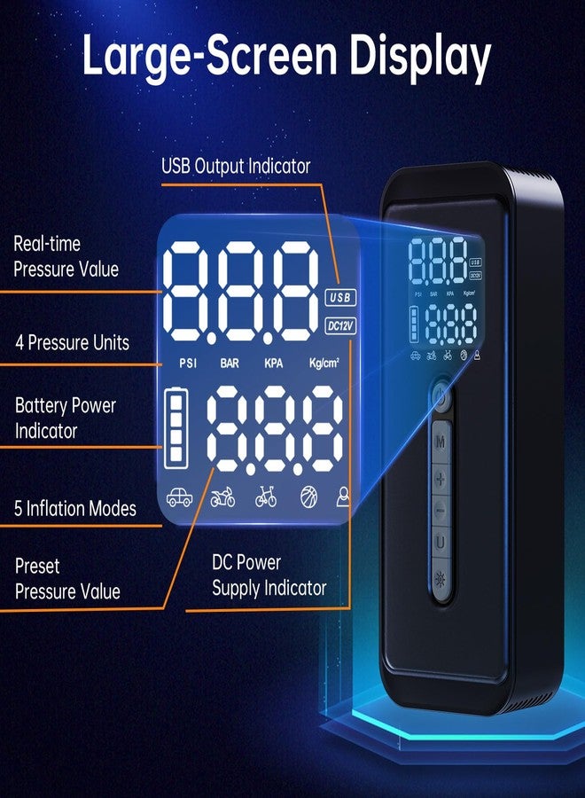 Yeaban Tire Inflator Portable Air Compressor (150 PSI) | 35 LPM Fast Air Pump - Smart Tire Pump for Car, Motorcycle, Bike - Car Accessories with Functions (Lighting, Power Bank) - Image 4