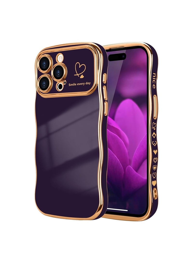 WRISTWISE Case Cover for iPhone 15 Pro, Cute Wave Frame Curly Shape with Love Heart Pattern Raised Camera Protection Cover Luxury Plating Shockproof Phone Case for iPhone 15 Pro, Purple - Image 1