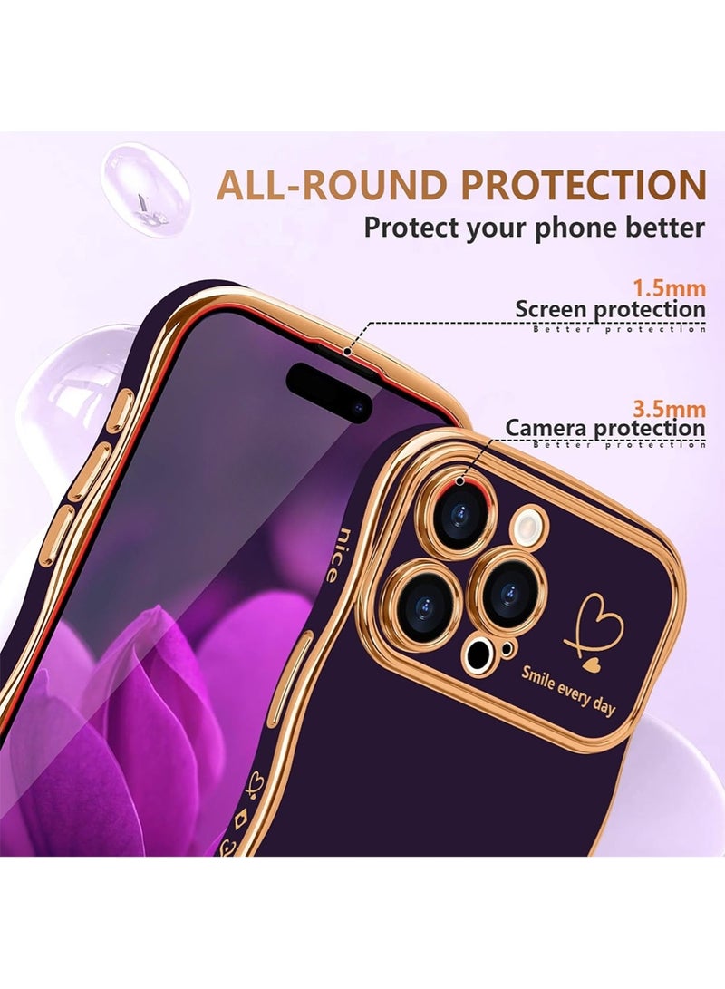 WRISTWISE Case Cover for iPhone 15 Pro, Cute Wave Frame Curly Shape with Love Heart Pattern Raised Camera Protection Cover Luxury Plating Shockproof Phone Case for iPhone 15 Pro, Purple - Image 4