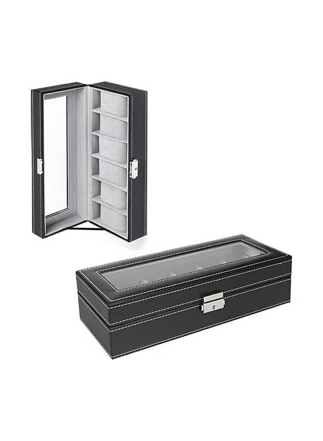 6 فتحات صندوق مراقبة منظم للرجال، حامل ساعة سوداء حافظة عرض تخزين - Image 2