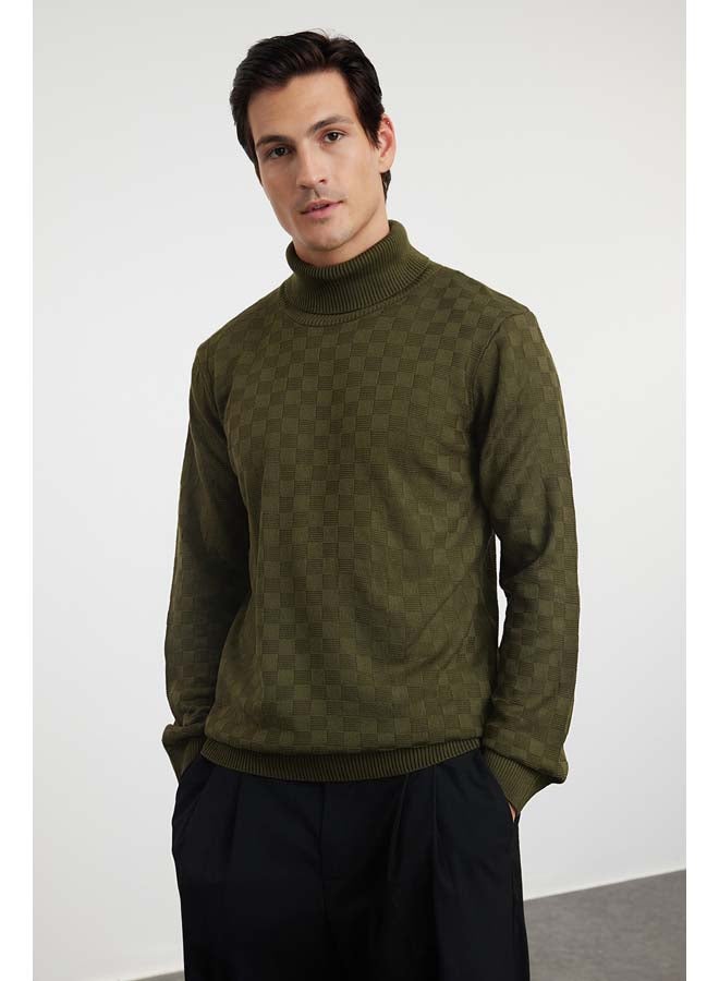 trendyol Khaki Slim Fit Turtleneck Plaid / Checked Knitwear Sweater TMNAW20VK0004 - Image 1