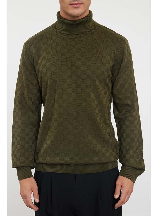 trendyol Khaki Slim Fit Turtleneck Plaid / Checked Knitwear Sweater TMNAW20VK0004 - Image 3