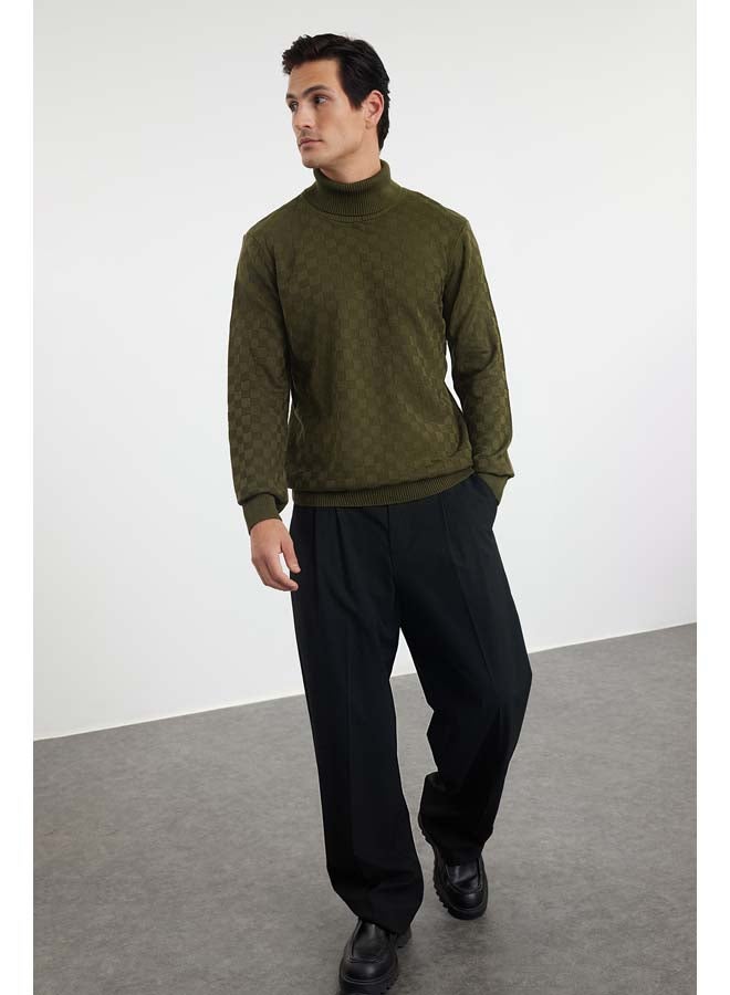 trendyol Khaki Slim Fit Turtleneck Plaid / Checked Knitwear Sweater TMNAW20VK0004 - Image 2