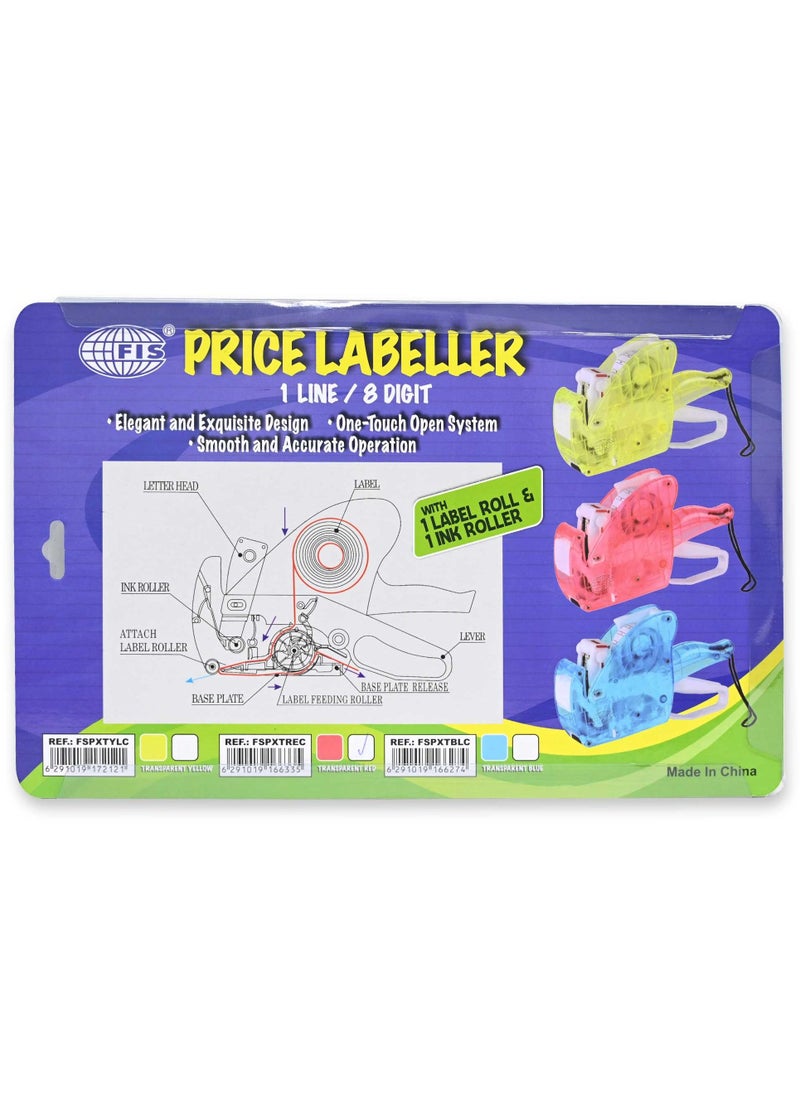 FIS Price Labeler Machine, Transparent Red Color, 1 Line 8 Digit with 1 Label Roll & 1 Ink Roll - FSPXTREC