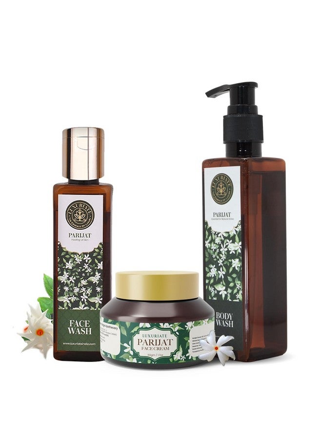 LUXURIATE Parijat Luxury Regime for Face and Body - Complete Skincare Set: Parijat Face Wash 100ml, Parijat Body Wash 200ml, Parijat Luxury Face Moisturizer Cream 50g with Almond