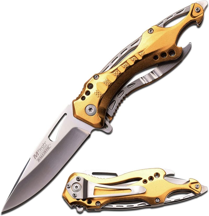 MTECH USA Folding Knife, 3.75-Inch Half-Serrated Blade, Titanium Coating, Glass Breaker, Pocket Clip - Image 1