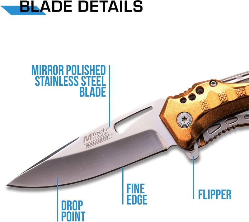 MTECH USA Folding Knife, 3.75-Inch Half-Serrated Blade, Titanium Coating, Glass Breaker, Pocket Clip - Image 3