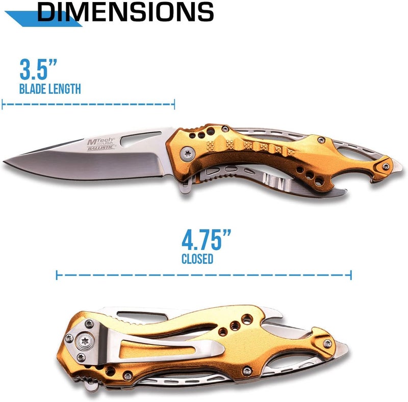 MTECH USA Folding Knife, 3.75-Inch Half-Serrated Blade, Titanium Coating, Glass Breaker, Pocket Clip - Image 2