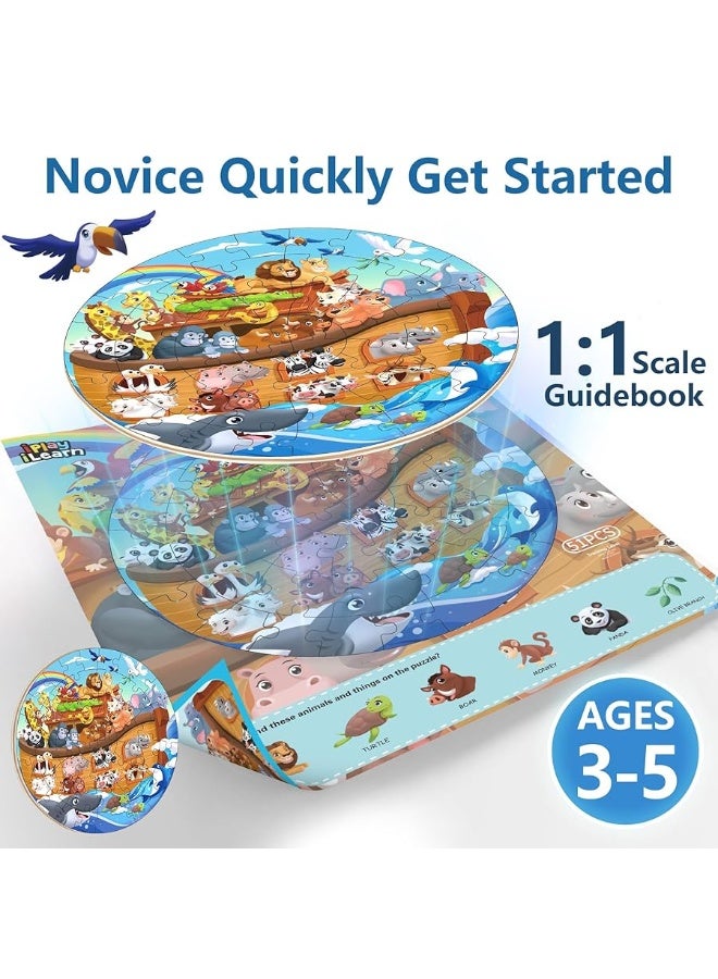 iLearn iPlay, iLearn Toddlers Noah's-Ark Wooden Animal Puzzles, Kids Floor Puzzles for Ages 3-5, 4-8, Large 51 Pieces Round Jigsaw Puzzle Educational Toys, Birthday Gift for 6 7 Years Old Boys Girls Children - Image 2