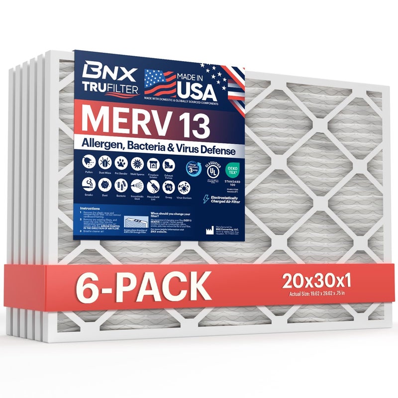 BNX TruFilter 20x30x1 Air Filter MERV 13 6Pack MADE IN USA Electrostatic Pleated Air Conditioner HVAC AC Furnace Filters for Allergies Pollen Mold Bacteria Smoke Allergen MPR 1900 FPR 10