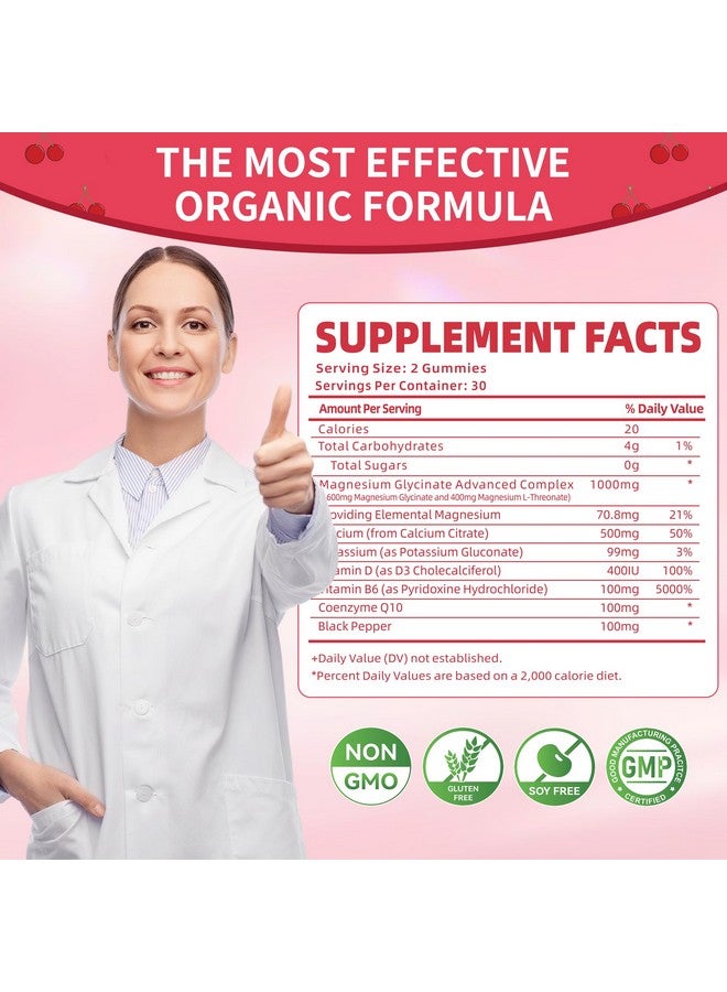 Natures Aid Magnesium Glycinate Gummies 1000mg - Sugar Free Magnesium Potassium Supplement with Vitamin D, B6, CoQ10 for Calm Mood & Sleep Support - 120 Cherry Gummies -2 Pack - Image 4