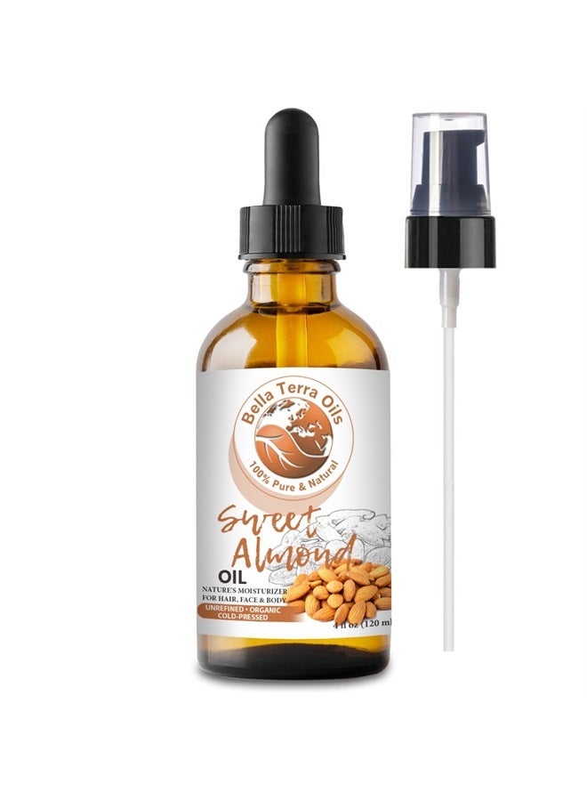 Bella Terra Oils Sweet Almond Oil. 4oz. 100% Pure. Cold-pressed. Unrefined. Pasteurized. Chemical-free. Deeply Hydrates Skin. Nourishes Hair. Natural Moisturizer for Hair, Face, Body, Nails, Beard, Stretch Marks. Bell - Image 1