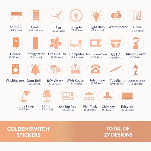 Goelite Rose Gold Switch Stickers Embossed for Switch Board | 27 Designs, Pack of 330 Stickers for Home Including Fan, Light and Many More - Image 5