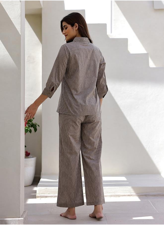 sanskrutihomes Striped Shirt Collar Pure Cotton Night suit by Styli  - Image 2